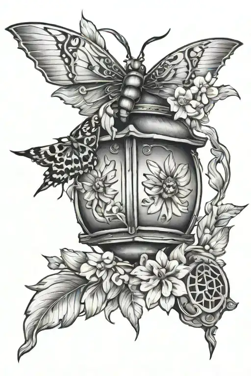 moth lantern wrapped in flowers tattoo design idea