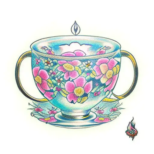A teacup with flowers and engineering tools tattoo design idea
