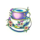 A teacup with flowers and engineering tools tattoo design idea