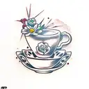 A teacup with flowers and engineering tools tattoo design idea