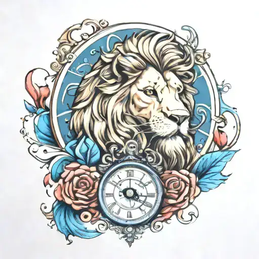 There's a blue-eyed lion and clock feet tattoo design idea
