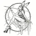 Black  Stripper Silhouette with High heels fishnets bunny ears, posing Seductively. thorny blood circle dripping blood tattoo design idea
