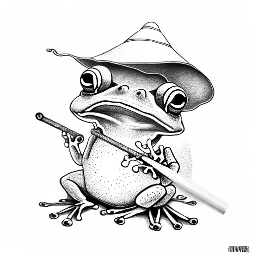 frog stripping on a bamboo stick wearing a sun hat tattoo design idea