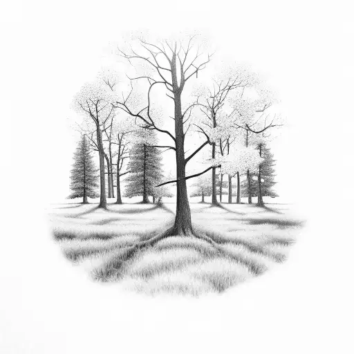  Oak Forest with 10 point deer jumping out tree line tattoo design idea