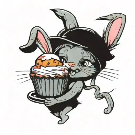A whimsical tattoo design with a bunny artist hugging a muffin it's best friend  tattoo design idea