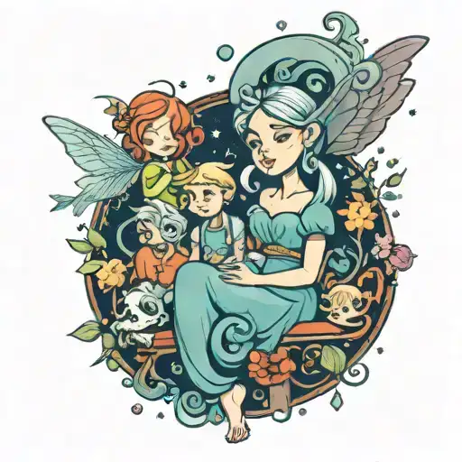 A whimsical fairy tale scene featuring Дочь Василиса as the main character surrounded by elements representing family, done in a new-school style tattoo design idea