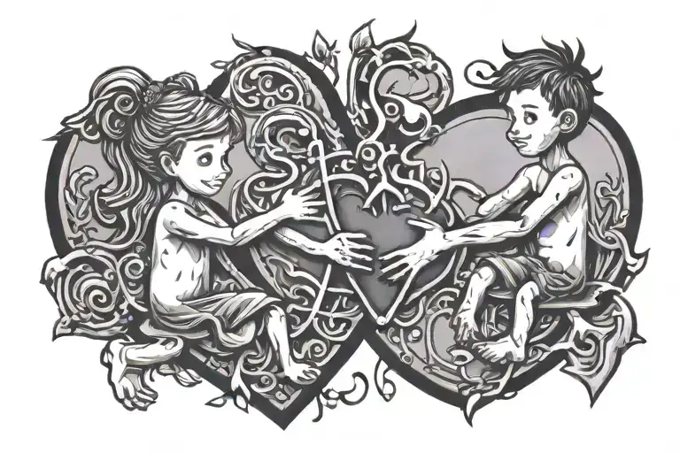 two stick figure children putting pieces into a heart tattoo design idea