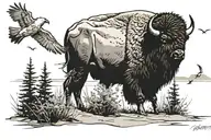 bison and seagull sitting on beach overlooking large body of water. seagull is on bison's back. surrounded by brush tattoo design idea