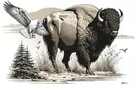 bison and seagull sitting on beach overlooking large body of water. seagull is on bison's back. surrounded by brush tattoo design idea