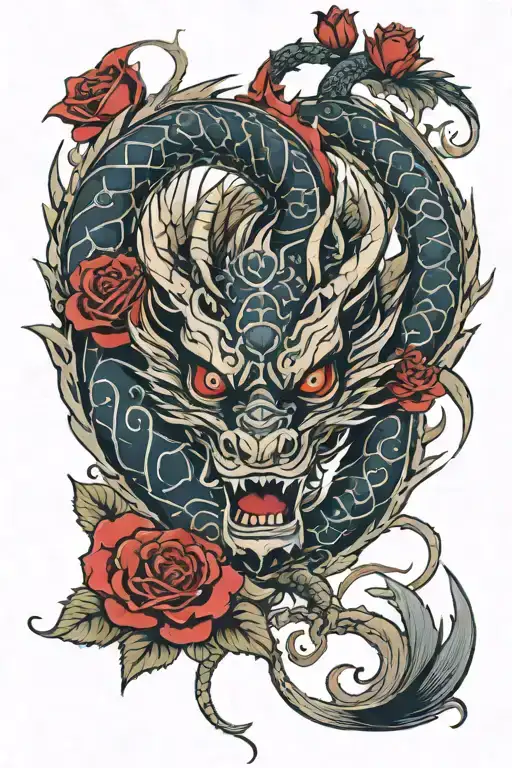 a tribal dragon with red roses in the background tattoo design idea