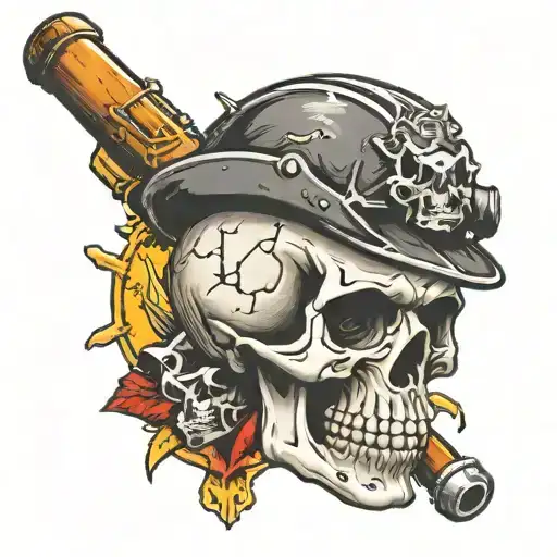 skull & crossbones with hard hat & cap lamp with drill bit cigar tattoo design idea