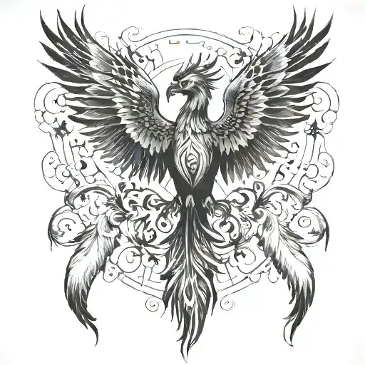 An intricate blackwork design of a phoenix rising from the ashes, symbolizing rebirth and revenge tattoo design idea