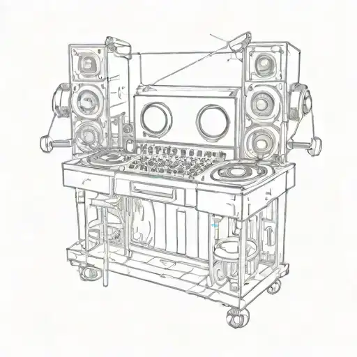 A sketch-style tattoo of a DJ booth surrounded by insurance-related elements tattoo design idea