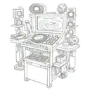 A sketch-style tattoo of a DJ booth surrounded by insurance-related elements tattoo design idea