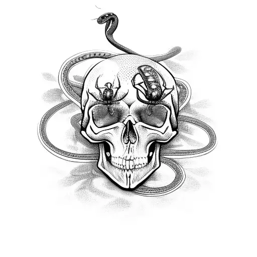 snake with floral, skull, and spiders tattoo design idea