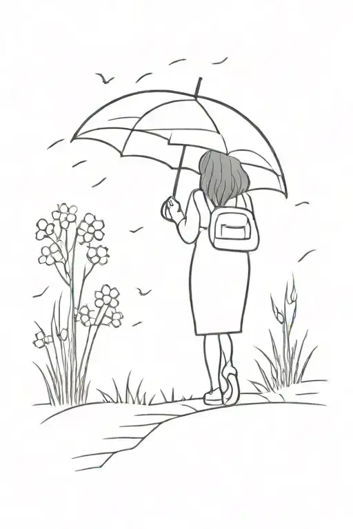 girl walking down a path. Under an umbrella. It’s not raining. But flowers are blooming around tattoo design idea