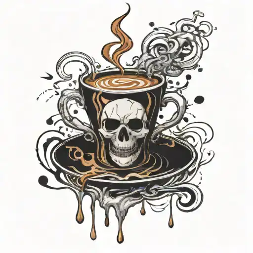 A blackwork tattoo of a coffee cup with a skull and crossbones design, representing the client's fondness for gothic and coffee tattoo design idea