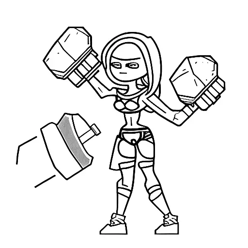 A minimalist tattoo of a workout dumbbell combined with a pixelated character from a favorite game tattoo design idea