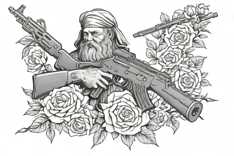 Create a tattoo that pays tribute to both mom and dad using a combination of orthodox christian and AK-47 imagery tattoo design idea