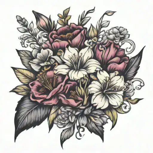 bouquet with gladiolus, poppy, marigold and cosmos   tattoo design idea