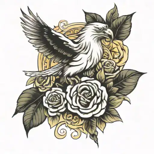 rose on forearm sleeve tattoo with white dove flying and rose stems with half lion half eagle and arrows tattoo design idea