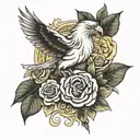 rose on forearm sleeve tattoo with white dove flying and rose stems with half lion half eagle and arrows tattoo design idea