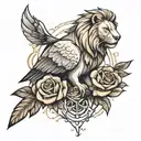 rose on forearm sleeve tattoo with white dove flying and rose stems with half lion half eagle and arrows tattoo design idea