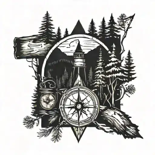 wilderness with a compass and pine trees and an hour glass  tattoo design idea