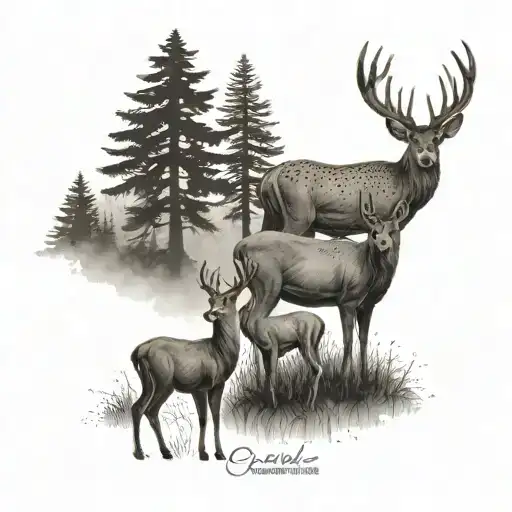 A tattoo of a deer family in a peaceful woodland setting, representing the client's love for their own family and nature tattoo design idea