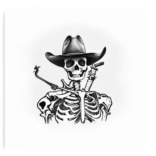 Skelton cowboy smoking cigarettes as an hour glass drips out of sand put him riding a skeleton horse  tattoo design idea