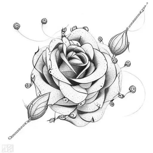 A dotwork tattoo of a chain intertwined with thorny roses tattoo design idea