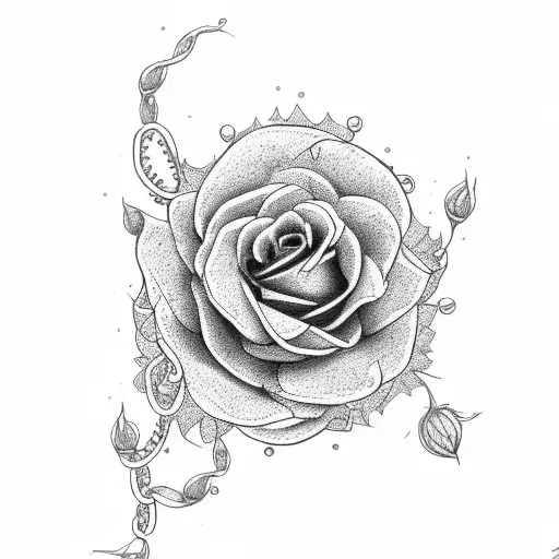 A dotwork tattoo of a chain intertwined with thorny roses tattoo design idea
