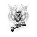 A gothic-inspired tattoo featuring a flaming skateboard with chains wrapping around it tattoo design idea