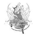 A gothic-inspired tattoo featuring a flaming skateboard with chains wrapping around it tattoo design idea