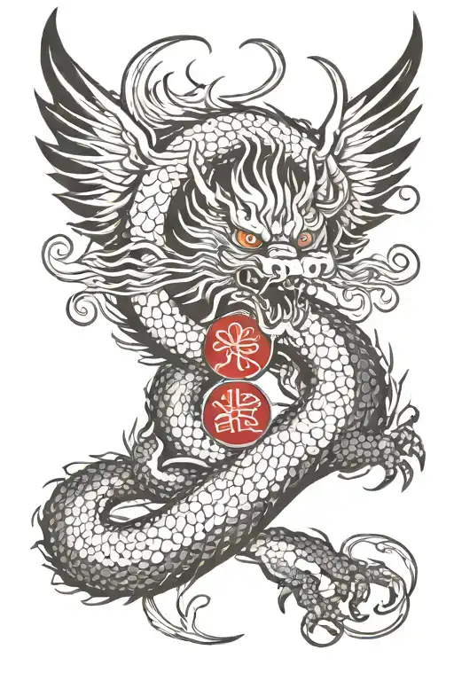 Japanese dragon with wings open surrounding japanese love symbol tattoo design idea