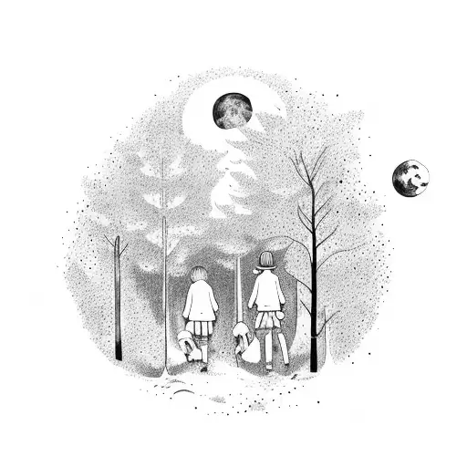 Forest with 2 Kids in the middle of it. Teen and kiddy. Big full moon in the sky with man Stars  tattoo design idea