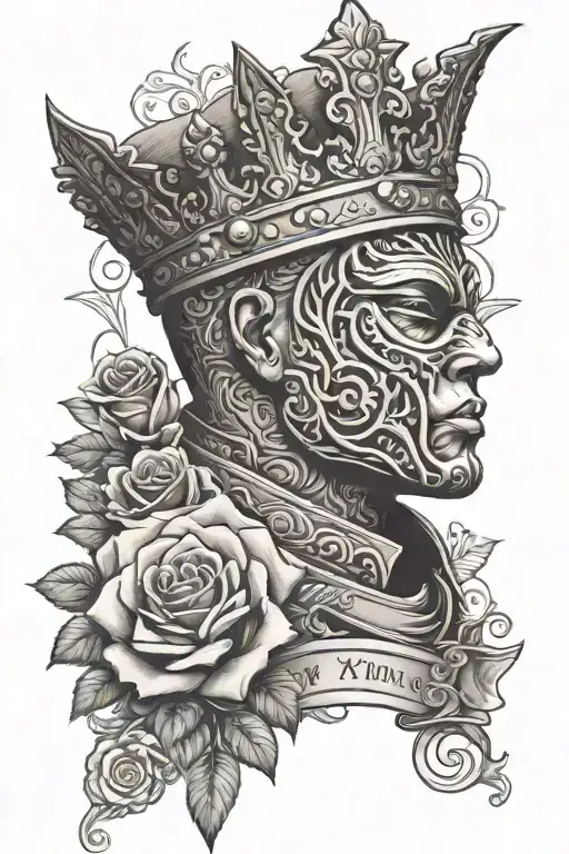 An intricate design combining elements of King Baldwin with mask, roses, and military insignia tattoo design idea