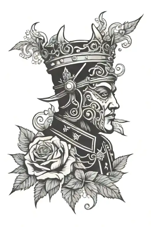 An intricate design combining elements of King Baldwin with mask, roses, and military insignia tattoo design idea