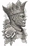 An intricate design combining elements of King Baldwin with mask, roses, and military insignia tattoo design idea