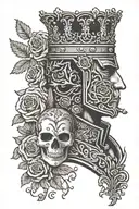 An intricate design combining elements of King Baldwin with mask, roses, and military insignia tattoo design idea