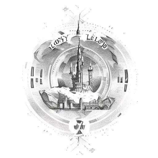 A bold font tattoo of the word 'Lesley' surrounded by travel landmarks tattoo design idea