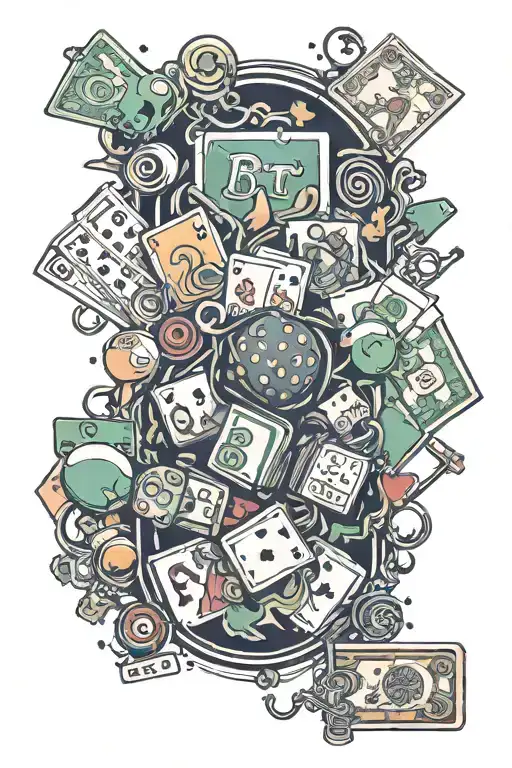a tattoo with cards, bingo balls, money, and everything that has to do with gambling tattoo design idea