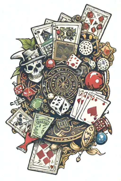 a tattoo with cards, bingo balls, money, and everything that has to do with gambling tattoo design idea