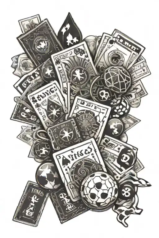 a tattoo with cards, bingo balls, money, and everything that has to do with gambling tattoo design idea