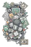 a tattoo with cards, bingo balls, money, and everything that has to do with gambling tattoo design idea