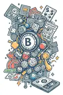 a tattoo with cards, bingo balls, money, and everything that has to do with gambling tattoo design idea