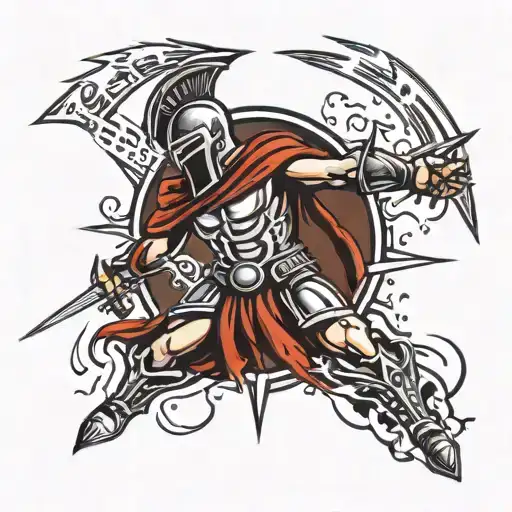 Spartan fighting evil. Black color, background with small rays and rain. tattoo design idea