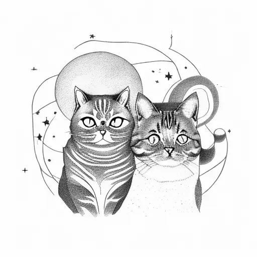a cat and a ghost, they are standing next to eachother and are looking up into the stars  tattoo design idea