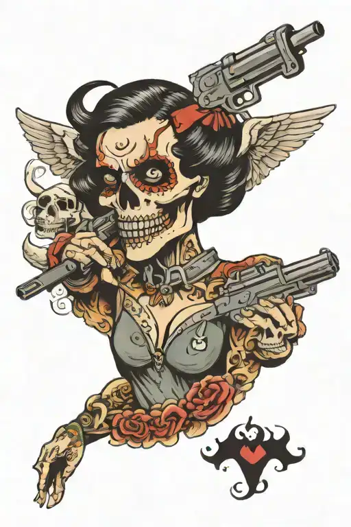 Demon, girl, skull, gun, smoke, wings tattoo design idea