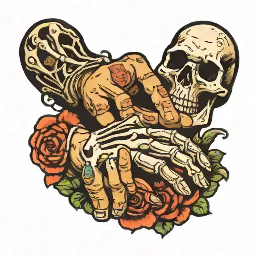 child hand reaching for adult skeleton hand tattoo design idea